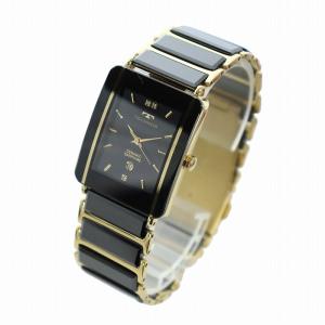 TECHNOS 腕時計 ウォッチ クォーツ デイト 石付き ラインストーン スクエア ゴールド色 黒 ブラック T9137