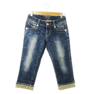 クロップドデニムパンツ ジーンズ サブリナ カプリ ロールアップ ワンポイント ノバチェック ウォッシュ加工 36 S 青