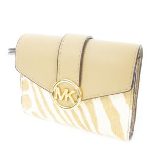 三つ折り財布 ウォレット コンパクト 小銭入れあり レザー ハラコ アニマル ゼブラ柄 ロゴ ベージュ