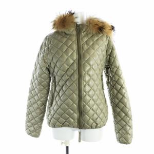 ダウンジャケット ジップアップ 長袖 ラクーンファー キルティング フード 40 M グレー 茶 ブラウン