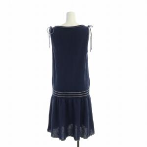 CHANEL ノースリーブワンピース リボン ニット 42 ネイビー