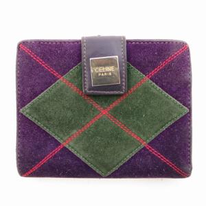 オールドセリーヌ ヴィンテージ 二つ折り 財布 小銭入れ スエード 総柄 がま口 レザー 紫 パープル