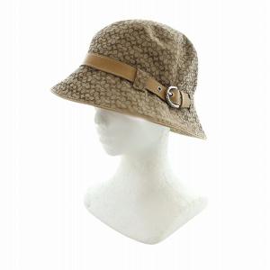 バケットハット ミニシグネチャー 総柄 ベルト ロゴ キャンバス レザー M-L 茶 ブラウン GY18