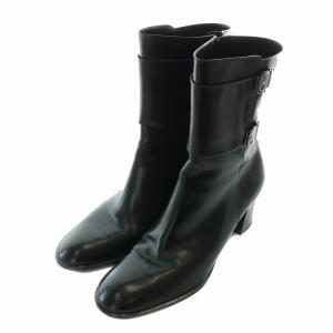 Salvatore Ferragamo ショートブーツ レザー ラウンドトゥ チャンキーヒール サイドジップ バックル ロゴ 6.5 24cm 黒 ブラック