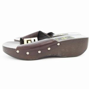 FENDI サンダル レザー ウッドソール FF ロゴ 金具 36 茶 ブラウン /UO GY11