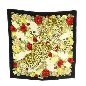 スカーフ 絹 シルク 豹 ヒョウ柄 薔薇 バラ柄 総柄 ロゴ マルチカラー