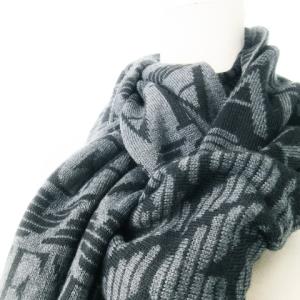 マフラー ウール混 ロゴ 総柄 フリンジなし ダブルフェイス 黒 ブラック /CK18 GY18