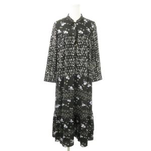 ロングワンピース マキシ 長袖 花柄 ボタニカル ドット 総柄 リボン 切替 インナー付き 36 S 黒 ブラック