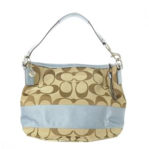 シグネチャーストライプワンショルダーバッグ キャンバス レザー ロゴチャーム 青 ブルー F13581