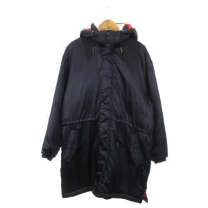 ヴィンテージ 文字ワニ 中綿 ベンチ コート ロング フード ドロスト プリント ロゴ 4 XL 紺 ネイビー