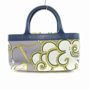 ハンドバッグ 総柄 キャンバス レザー切替 ロゴ 青 緑