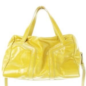 ハンドバッグ 2way ショルダーバッグ エナメル レザー イエローオーカー 茶 ブラウン 黄 イエロー