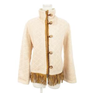 ニットジャケット スタンドカラー 切替 レザー 本革 フリンジ 38 M ピンク /AH19 GY18