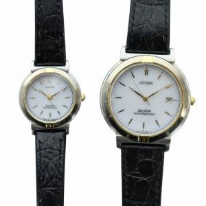 ジャンク品 エコドライブ Eco-Drive 腕時計 ペアウォッチ ソーラー 白文字盤 デイト レザーベルト