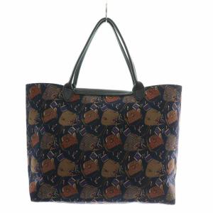 Longchamp ハンドバッグ トート ナイロン レザー 総柄 ロゴ 紺 ネイビー GY18