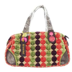 ハンドバッグ ボストンバッグ ミニ キャンバス ボタン 刺繍 ドット 茶 ブラウン /MN10 GY18