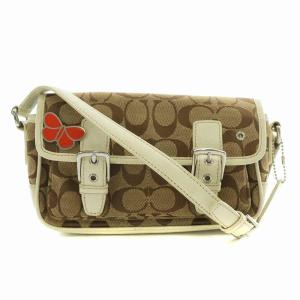 ショルダーバッグ ミニフィールド キャンバス レザー シグネチャー 総柄 蝶ピンバッチ マグネット 茶色 ブラウン 白 ホワイト