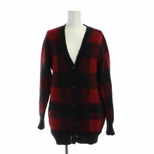 カーディガン チェック柄 Vネック ポケット モヘヤ混 ロゴ 長袖 刺繍 F 赤 レッド 黒 ブラック