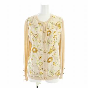 オールドセリーヌ ヴィンテージ カーディガン ロゴ 金ボタン 切替 総柄 絹 シルク 38 L ピンクベージュ