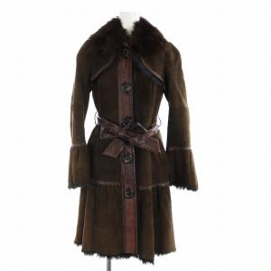 ラムレザーコート スエード 羊革 フォックスファー ミドル 長袖 38 S 茶 ブラウン GY17