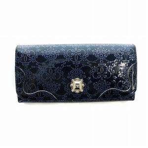 ルーミー 口金 フラップ 長財布 ロング ウォレット ラメ エナメル がま口 総柄 バラ 紺 ネイビー