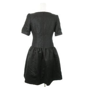 René TISSUE社製 ツイード ワンピース ひざ丈 半袖 ウエスト切替 光沢感 華やか 36 S 黒 ブラック