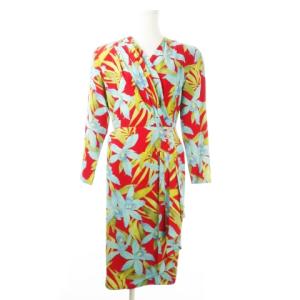 ヴィンテージ カシュクールワンピース ひざ丈 長袖 ラップ タック 花柄 蘭 9 赤 レッド /CK13