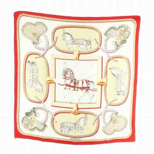 カレ90 GRAND APPARAT 盛装の馬 スカーフ 絹 シルク 馬 総柄 ロゴ 白 ホワイト ベージュ