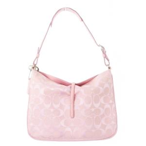 COACH ハンドバッグ ワンハンドル キャンバス 切替 レザー チャーム付き シグネチャー ロゴ ピンク 6091