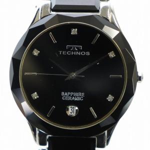 腕時計 ウォッチ クォーツ カレンダー付き 黒文字盤 石付き ラウンド 黒 ブラック シルバー色 TEM537