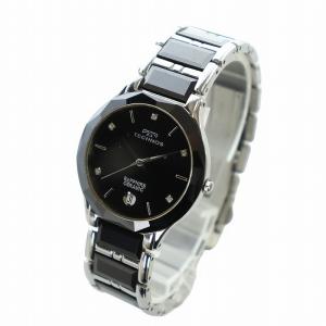TECHNOS 腕時計 ウォッチ クォーツ カレンダー付き 黒文字盤 石付き ラウンド 黒 ブラック シルバー色 TEM537