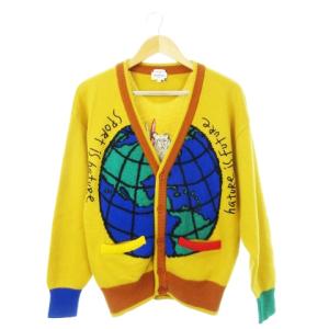 sport Vネックカーディガン 長袖 インターシャ 地球 アニマル 動物刺繍 ウール 1 M 黄 イエロー