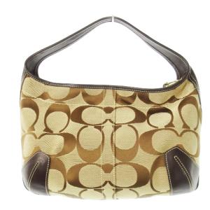 COACH ハンドバッグ ワンハンドル キャンバス 切替 レザー チャーム付き シグネチャー ロゴ 茶 ブラウン 10764