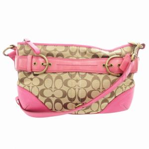 07077 シグネチャー ハンドバッグ ショルダー 2WAY 斜め掛け キャンバス レザー 茶 ブラウン ピンク