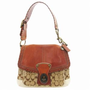 10371 シグネチャー ハンドバッグ ワンショルダー 肩掛け ターンロック キャンバス レザー ベージュ 茶 ブラウン