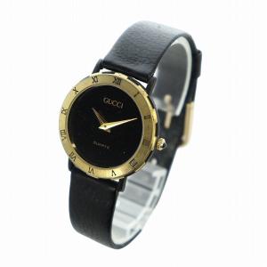 GUCCI ジャンク品 腕時計 ウォッチ クォーツ ローマン レザーベルト ロゴ ゴールド色 黒 ブラック GY18