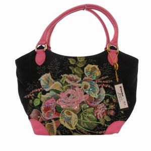 タグ付き ハンドバッグ 手提げ キャンバス レザー 花柄 ビーズ スパンコール 黒 ブラック ピンク /FF