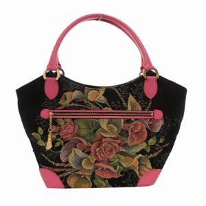 Think Bee タグ付き ハンドバッグ 手提げ キャンバス レザー 花柄 ビーズ スパンコール 黒 ブラック ピンク /FF