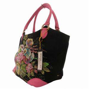 Think Bee タグ付き ハンドバッグ 手提げ キャンバス レザー 花柄 ビーズ スパンコール 黒 ブラック ピンク /FF