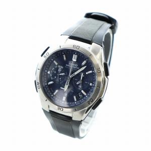 CASIO ウェーブセプター WAVE CEPTO 腕時計 ウォッチ ソーラー クロノグラフ 紺文字盤 ロゴ 黒 ブラック