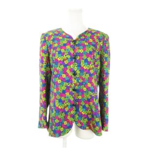 GLAMOUR ヴィンテージ ジャケット ノーカラー 総裏地 ダイヤカットボタン 総柄 大きいサイズ 13号