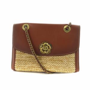 ショルダーバッグ 斜め掛け ロゴ レザー フラワーモチーフ ゴールド金具 チェーンショルダー 茶 ブラウン