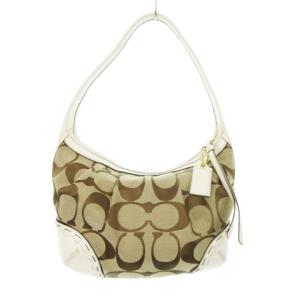 ハンドバッグ ホーボー ワンショルダー シグネチャー 切替 レザー 本革 キャンバス 白 ベージュ