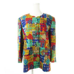 GLAMOUR ノーカラージャケット 肩パッド 総裏地 ウール シルク混 絹 チェック 大きいサイズ 13