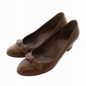 ROSY パンプス レザー ラウンドトゥ チャンキーヒール キリン柄調 総柄 リボン 6 23.5cm