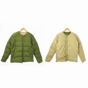 ノーカラーリバーシブルダウン ジャケット ジップアップ L 緑 グリーン ベージュ MG15F-OT14