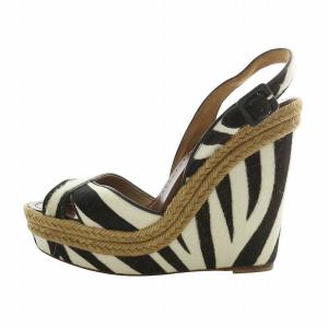 サンダル ハラコ オープントゥ ウェッジソール ゼブラ柄 39 26cm 黒 ブラック 白 ホワイト /XZ