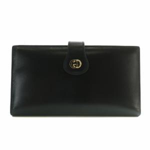 長財布 レザー 三つ折り がま口 インターロッキング ロゴ ゴールド金具 黒 ブラック 035 381