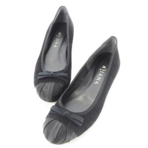 DIANA バレエシューズ フラットシューズ スエード 切替 リボン 24.0cm 黒 ブラック /CK16 GY11