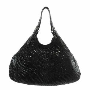 ハンドバッグ トート エナメル レザー イントレチャート 編み込み 黒 ブラック /XZ GY18